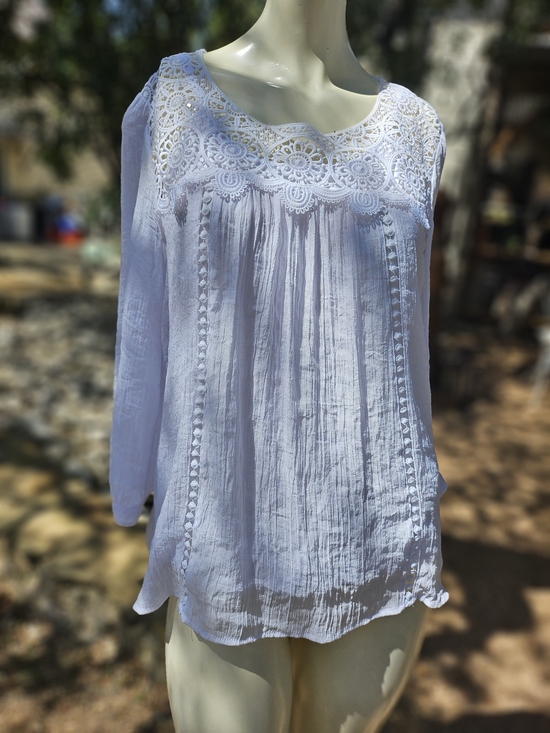 Olive Hill Tops - Olive Hill Crochet Lace Yoke White Long-Sleeve Blouse With Tank Top Liner M